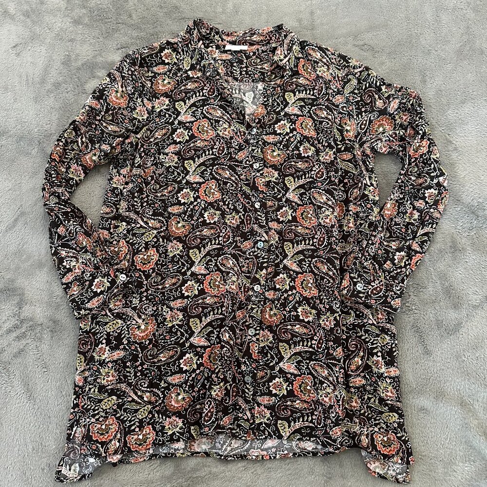 J. Jill Button Down Shirt MEDIUM Brown Fall Colors Long Sleeve Rayon
